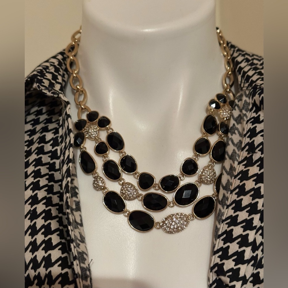 DANA BUCHMAN NWT Black Gold Rings & Rhinestones 3 Tiered Statement Bib Necklace